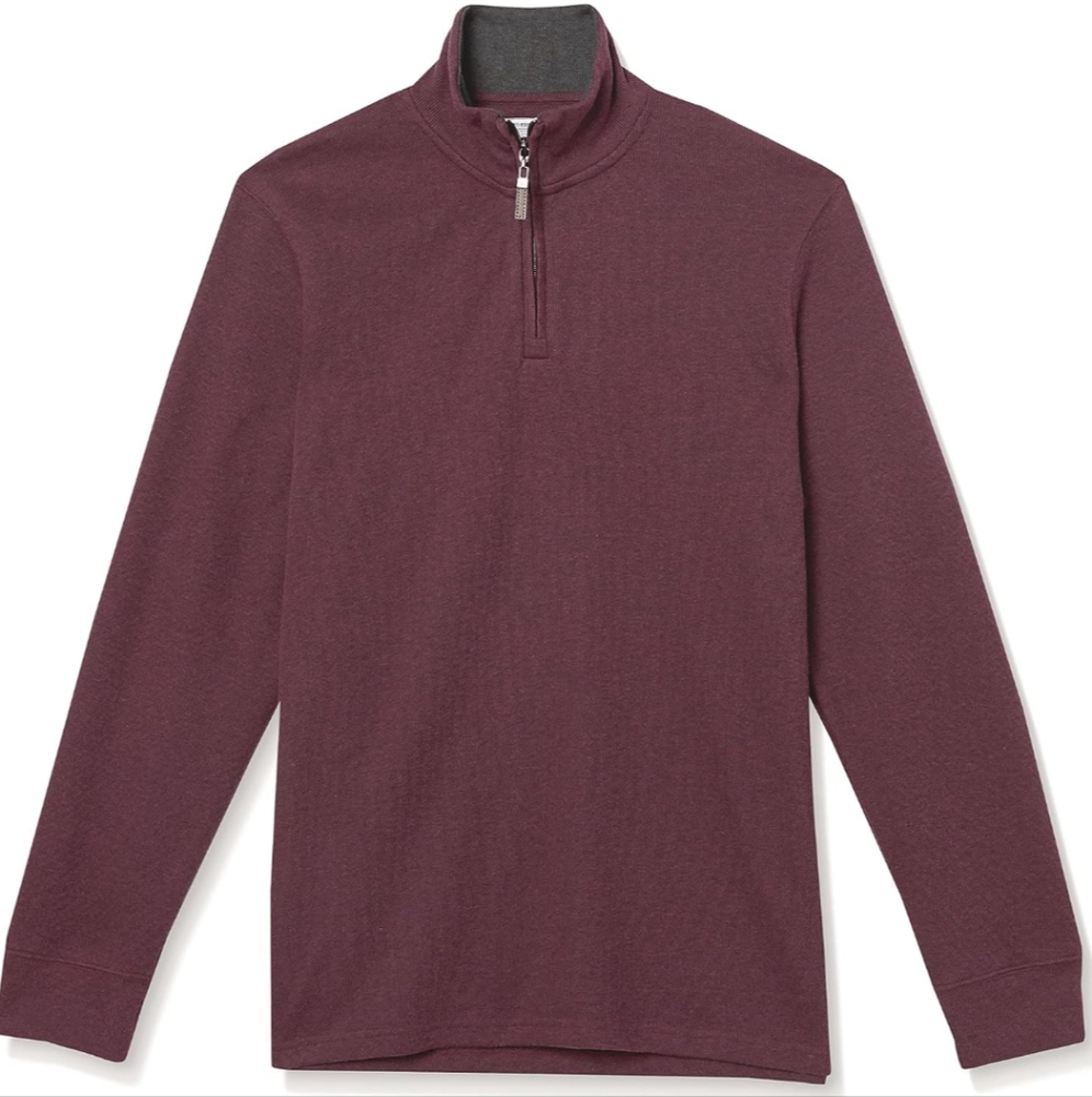Men's Amazon Essentials quarter zip, French rib pullover, L, Burgundy